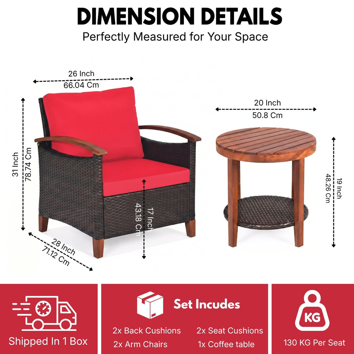 3-Piece Outdoor Wicker Patio Conversation Set (Dark Brown & Red)