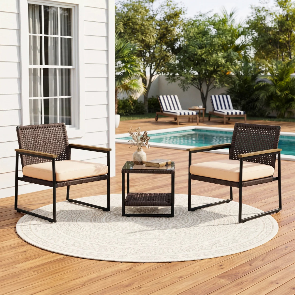 Outdoor 3-Piece Wicker Patio Set(Dark Brown & Cream)