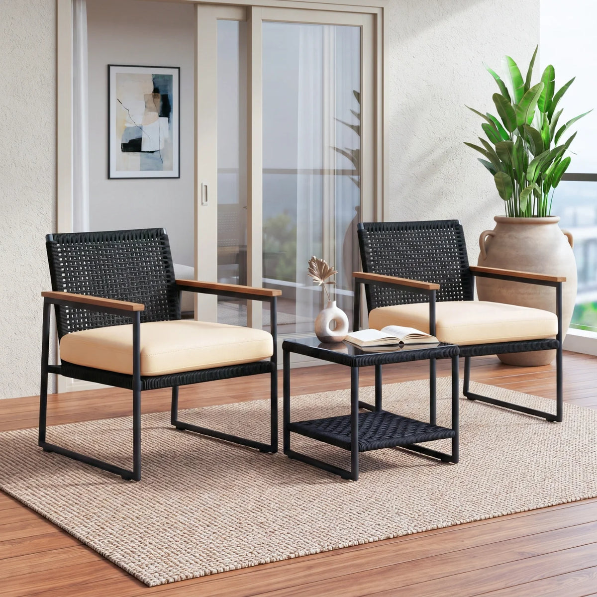 Outdoor 3-Piece Wicker Patio Set(Black & Cream)