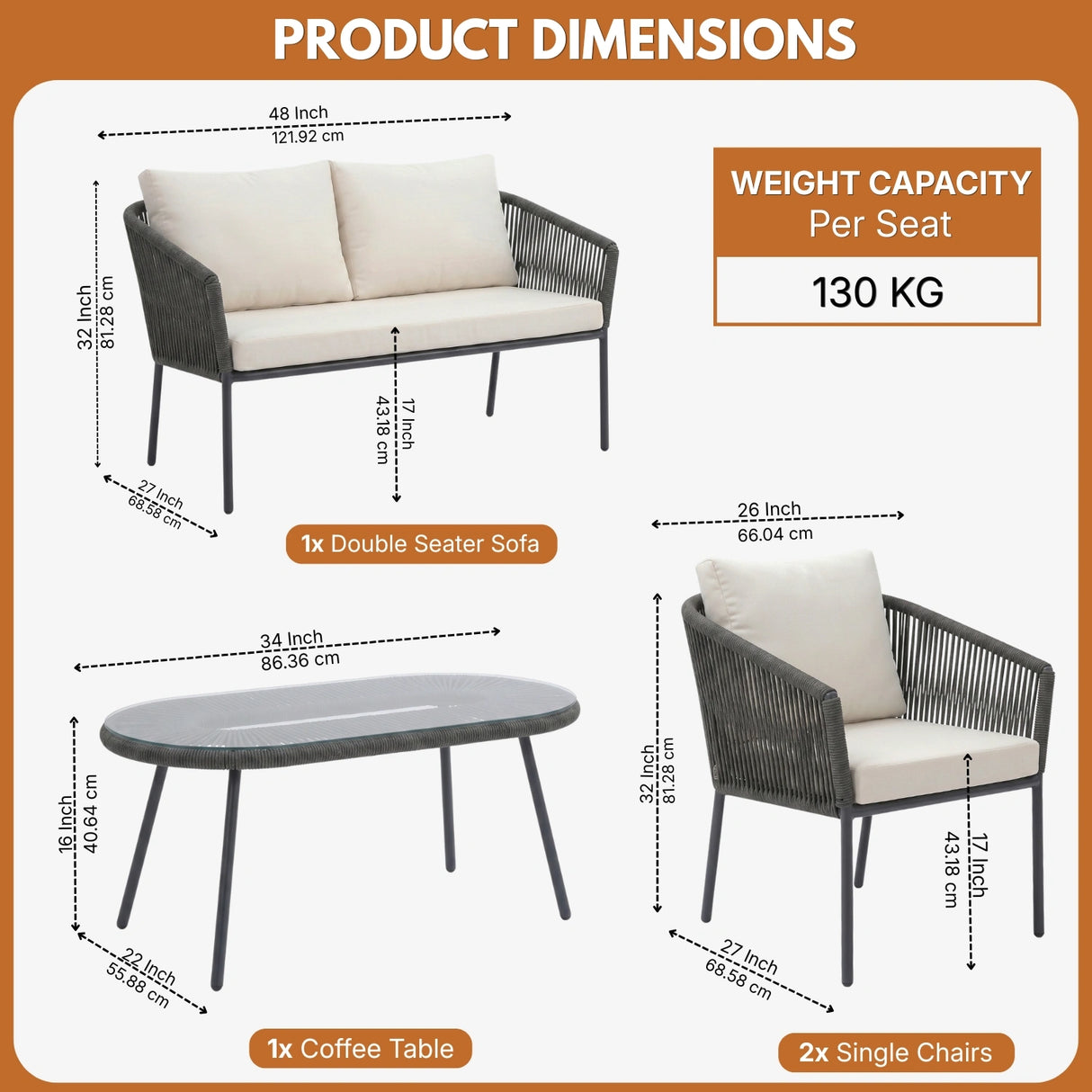 Outdoor 4 Seater Rope Conversation Sofa Set (Grey & Off-White)