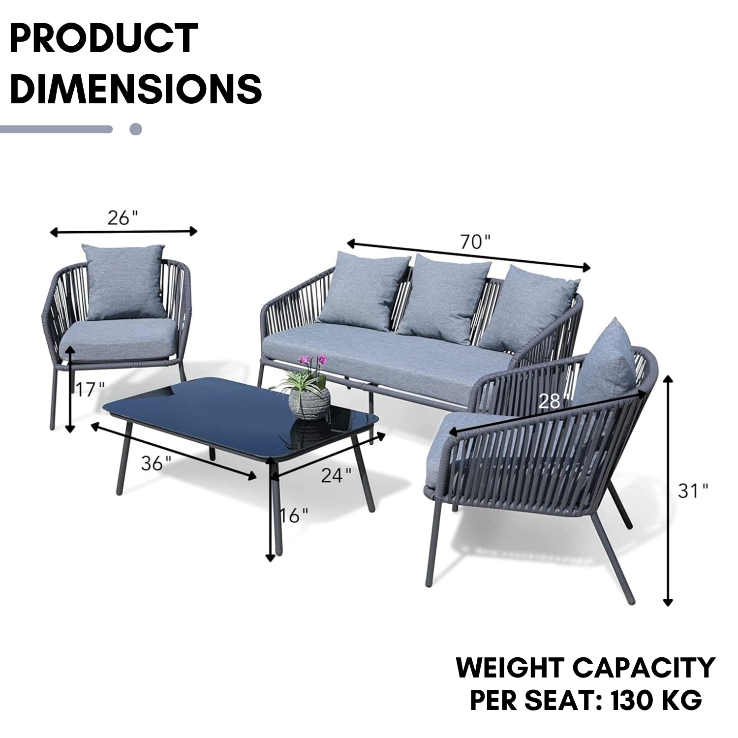 4-Piece Outdoor Rope Patio Sofa Set (Grey)