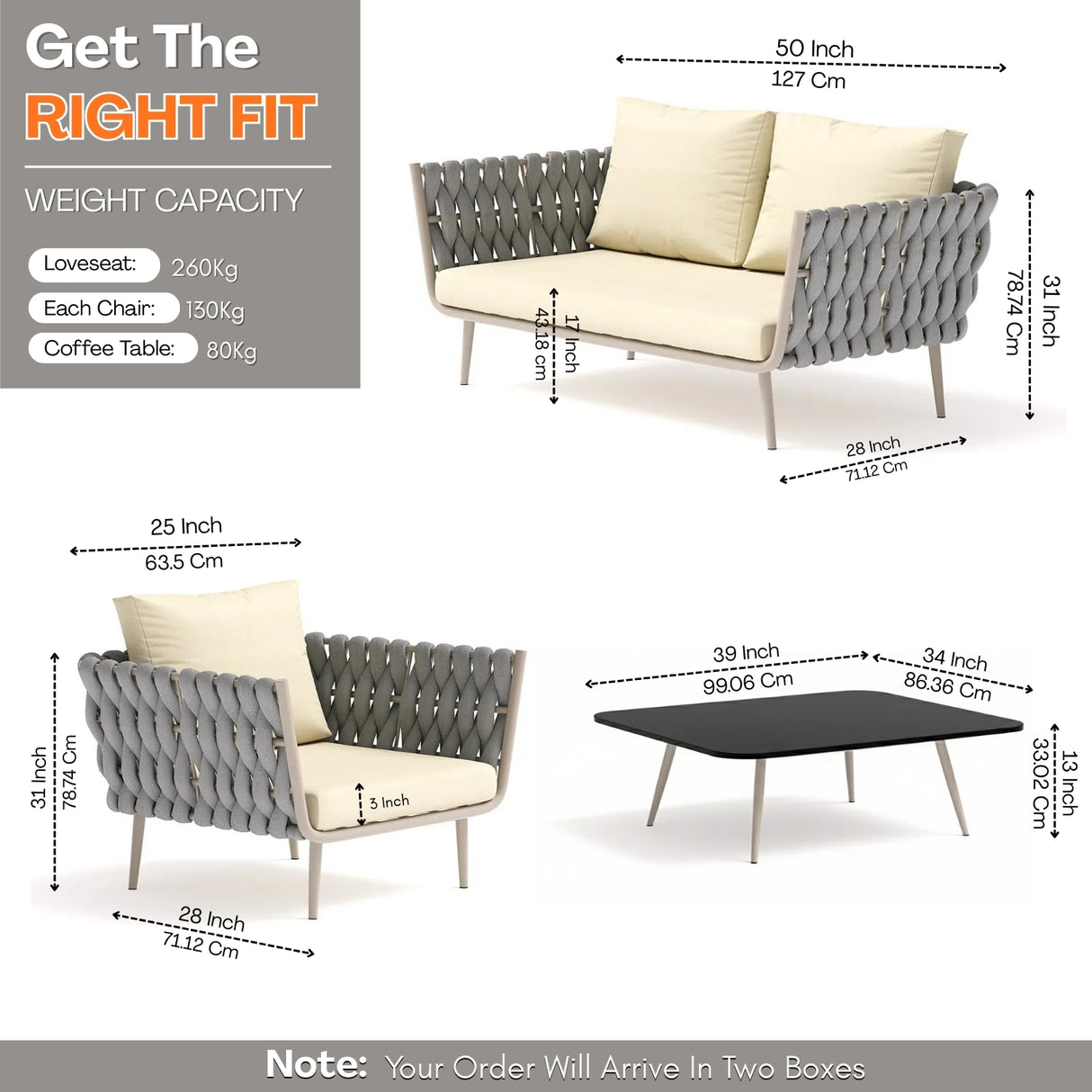 4-Piece Outdoor Rope Sofa Set With Glass Top Table (Grey & Cream)