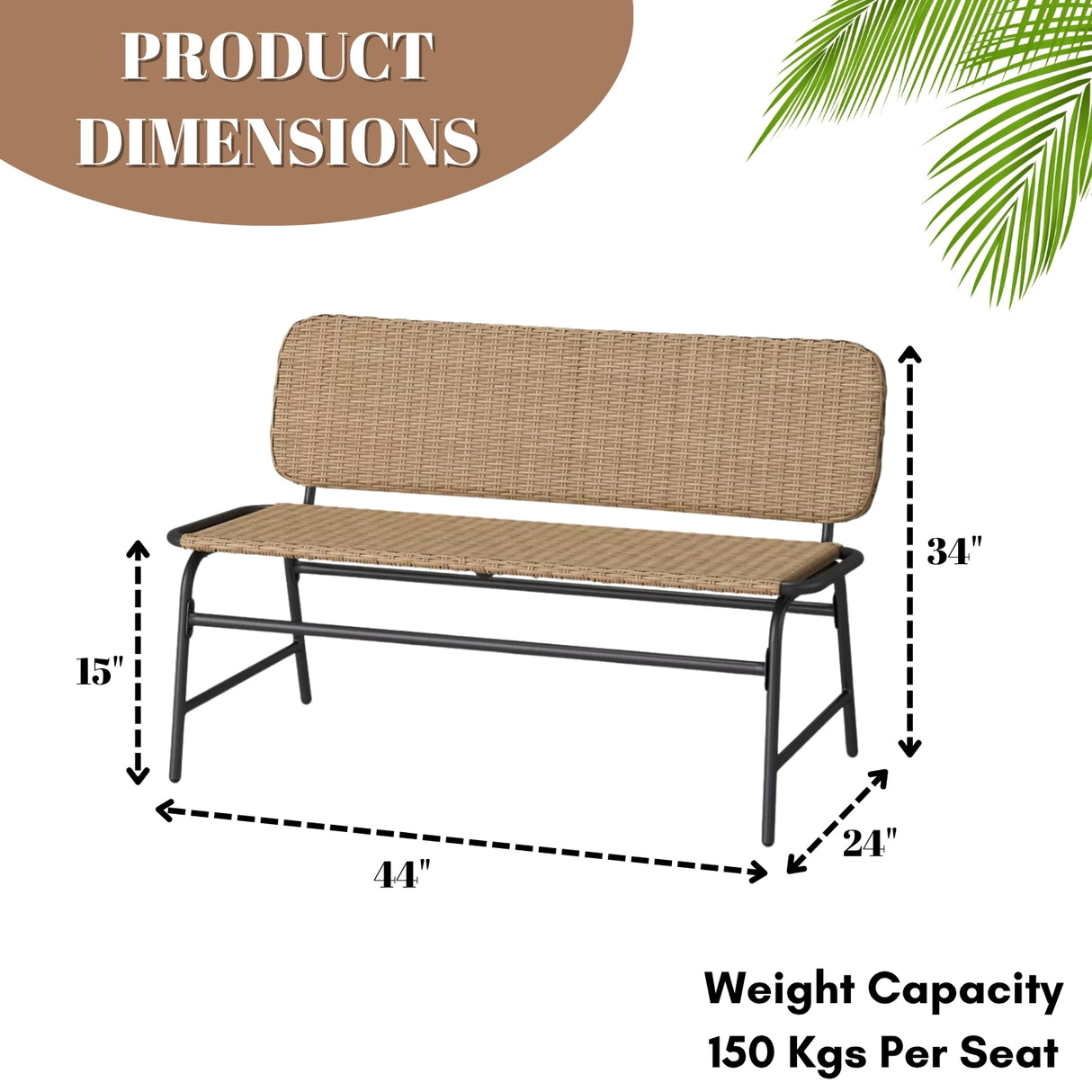 2-Seater Outdoor Garden Rattan Bench With Metal Frames