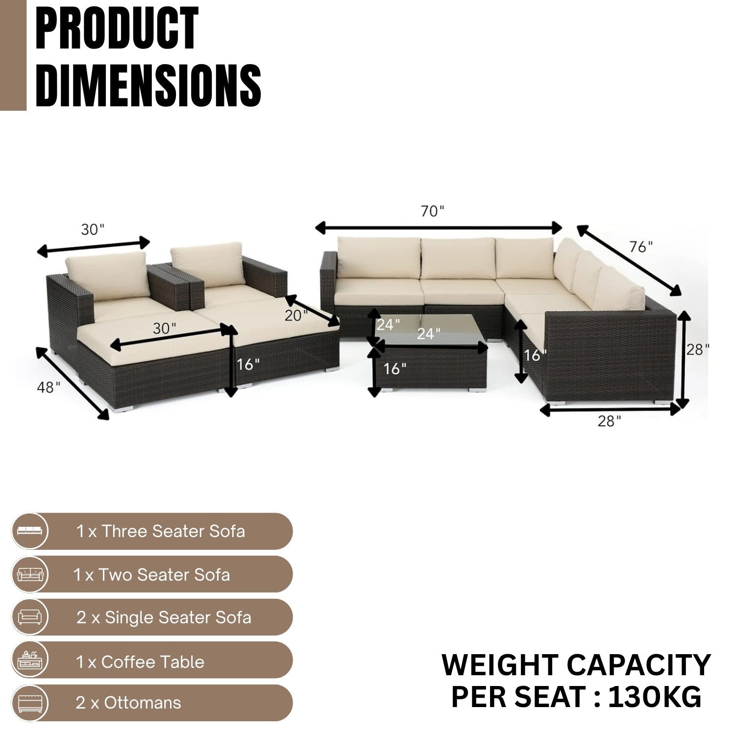 7-Piece Rattan Sectional Sofa Set (Dark Brown/Cream)