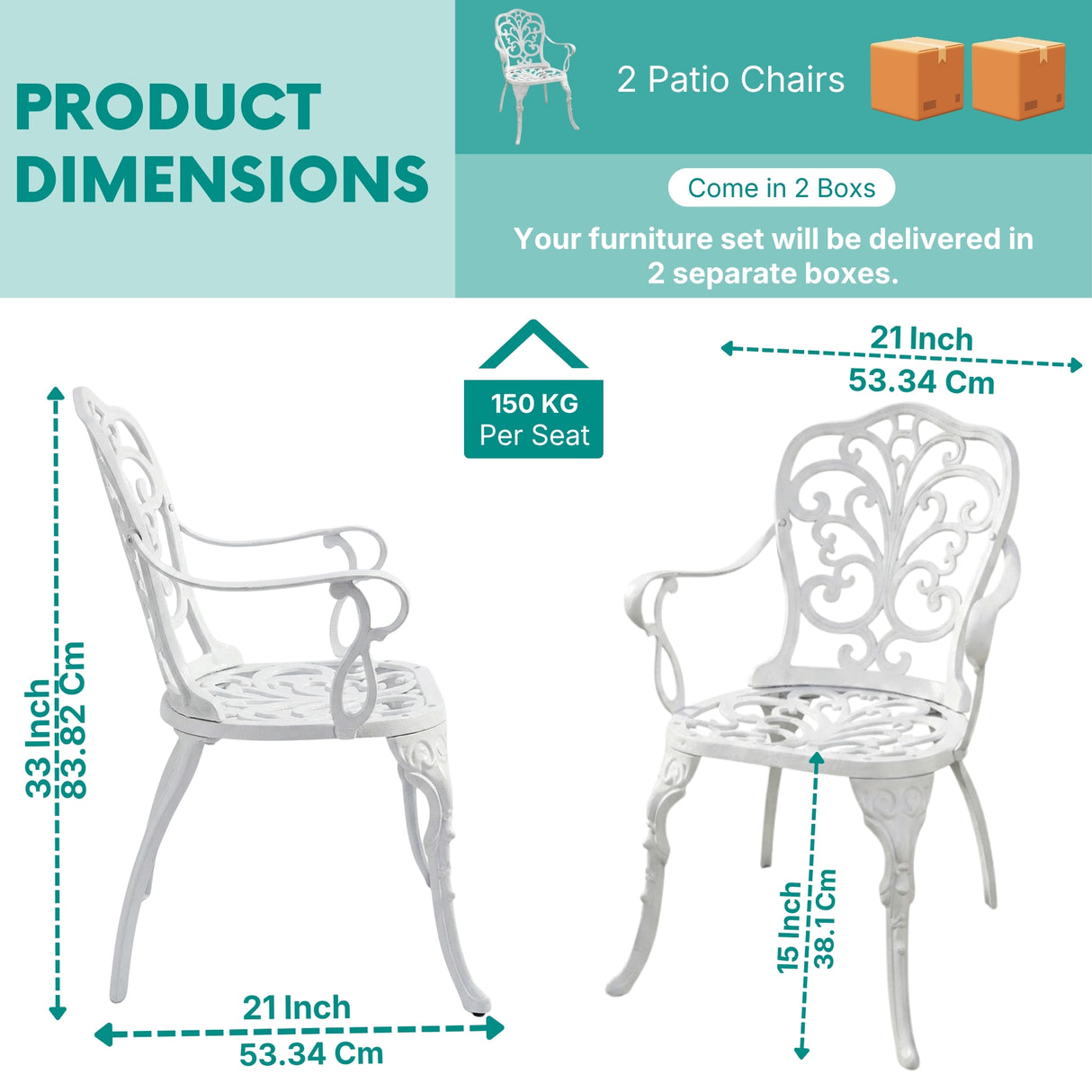 Outdoor Cast Aluminum Bistro Set with 2 Chairs (White)