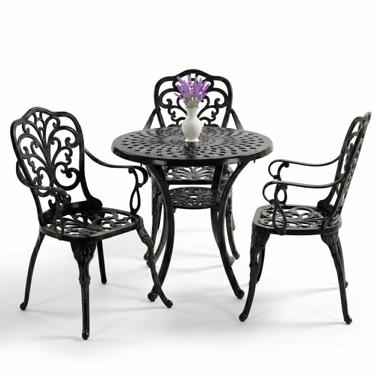 3-Seater Outdoor Cast Aluminum Bistro Set with Round Table (Black)