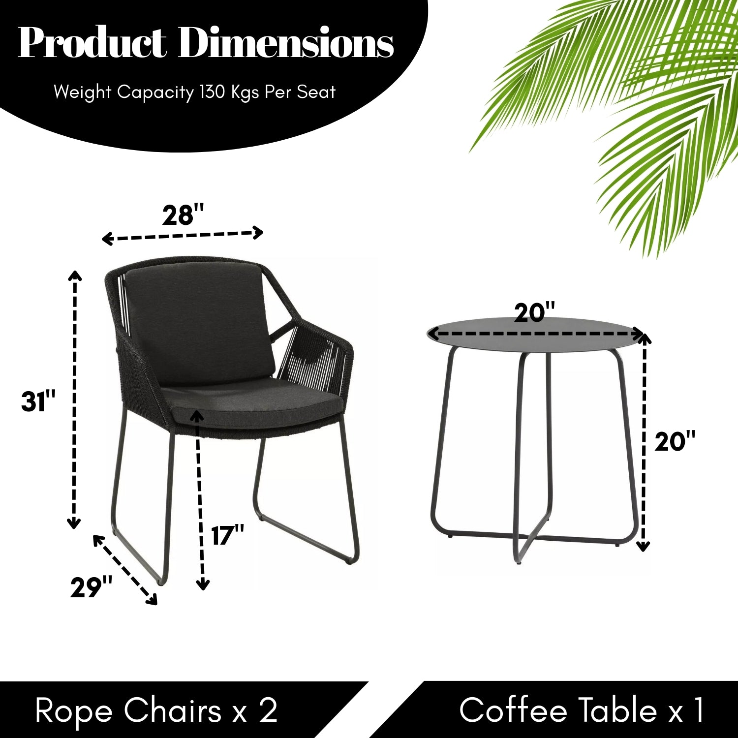 3 Piece Garden Outdoor Black Rope Patio Set