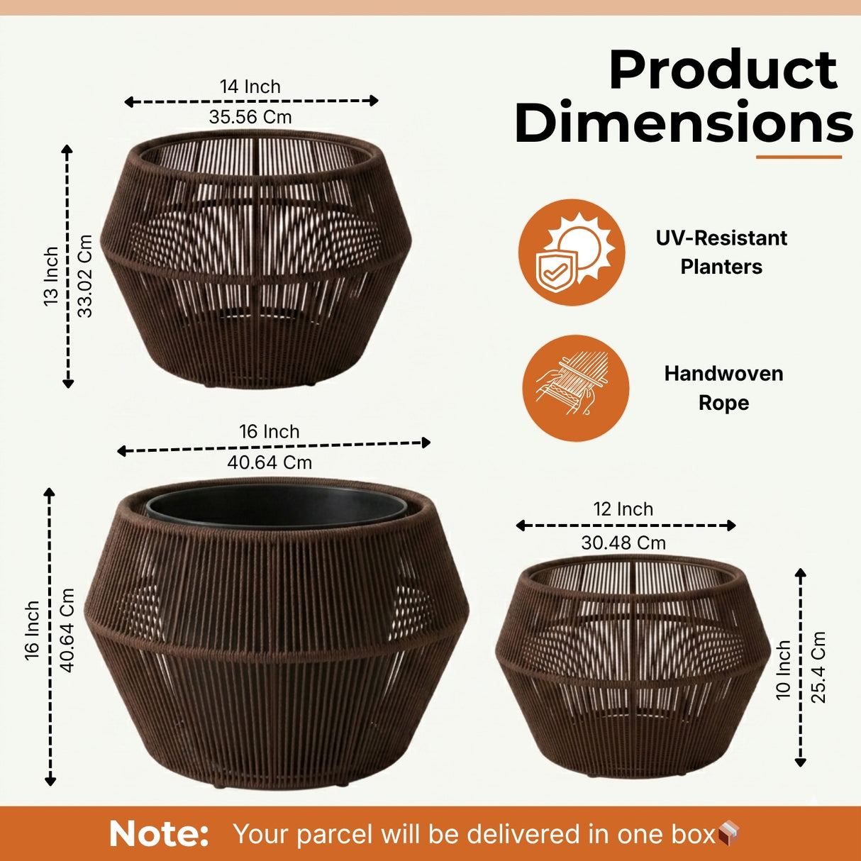 Outdoor 3-Piece Round Rope Planters (Brown)