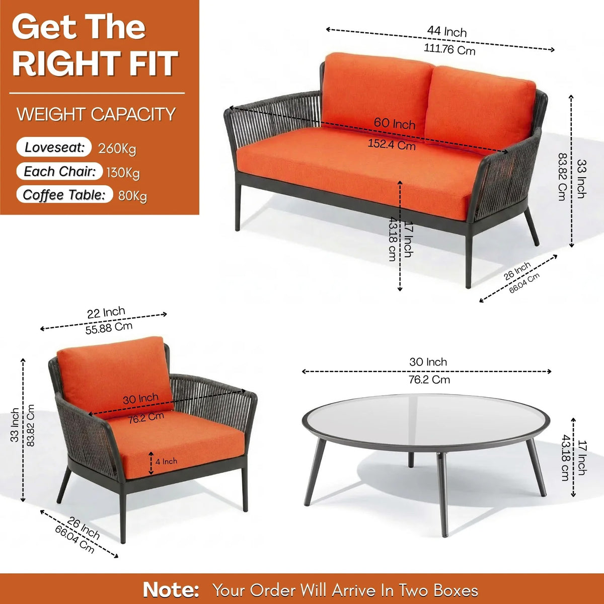 4-Piece Outdoor Rope Patio Furniture Set with Glass Top Table (Grey & Orange)