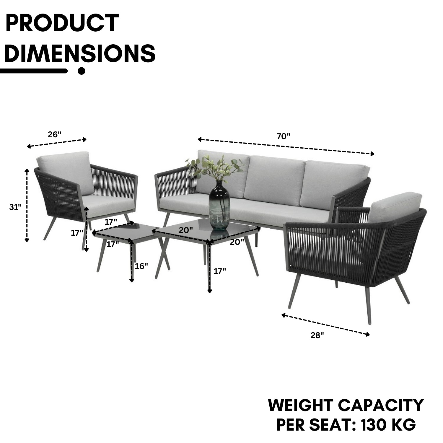 5-Seater Outdoor Rope Patio Sofa Set with Glass Top Tables (Black & Grey)