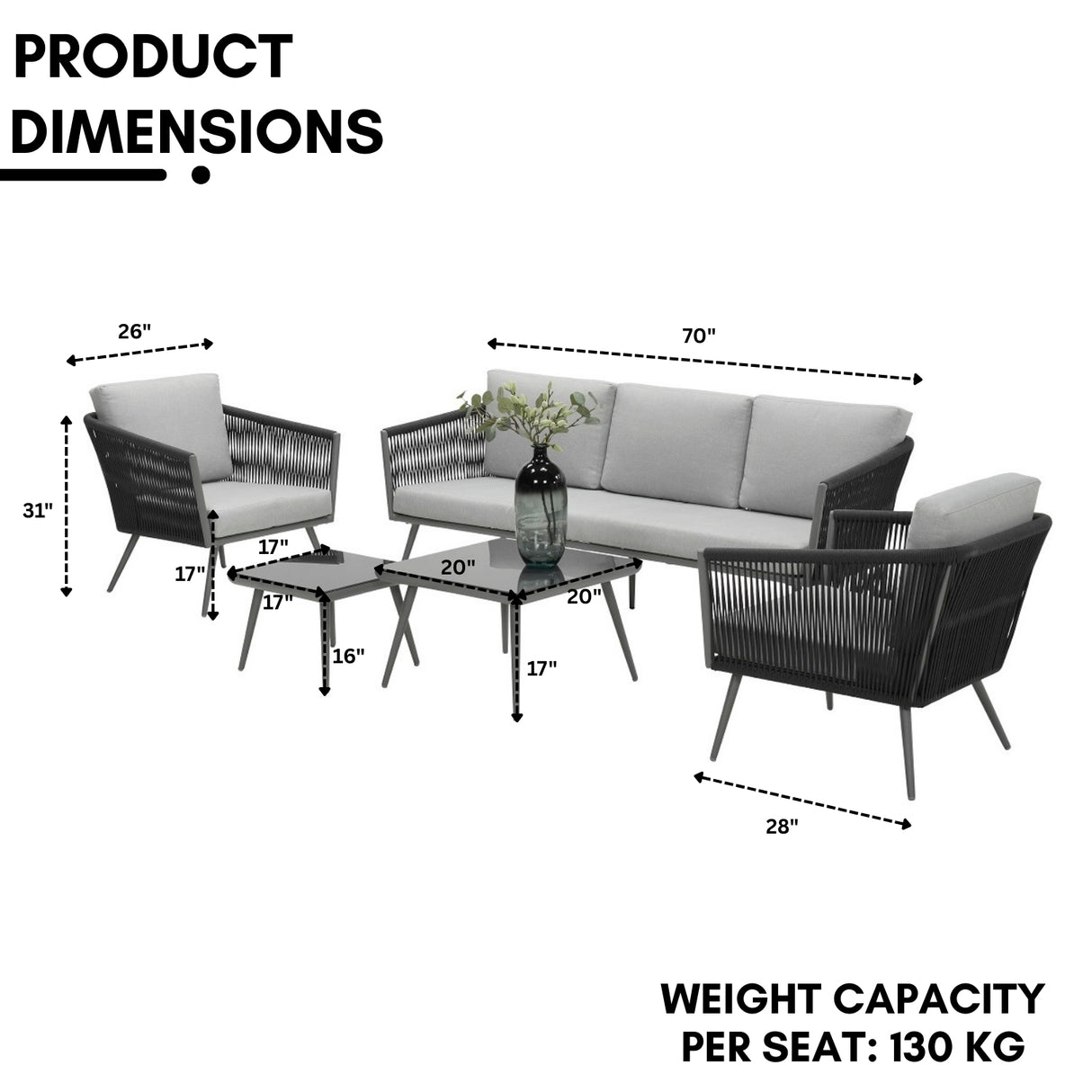 5-Seater Outdoor Rope Patio Sofa Set with Glass Top Tables (Black & Grey)