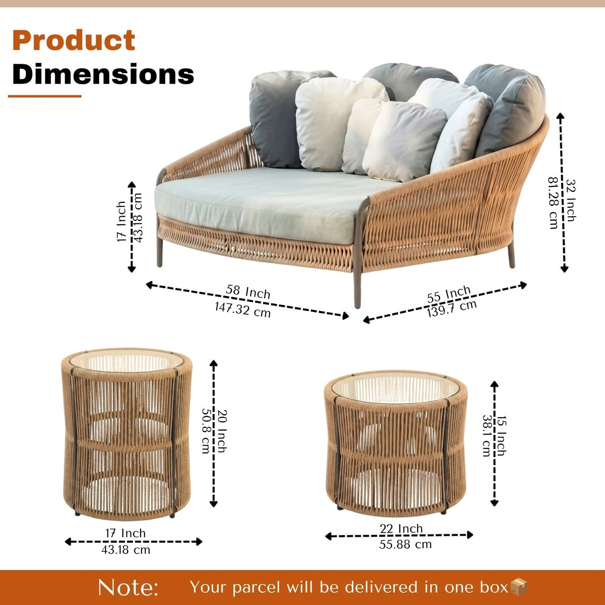 Outdoor Patio Rope Daybed With Center and Side Tables