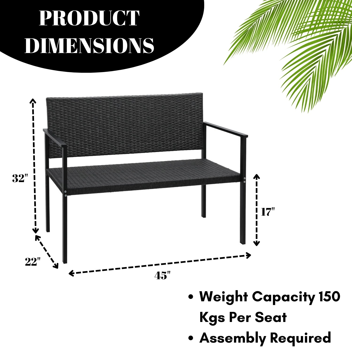 2-Seater Outdoor Garden Rattan Bench With Metal Frames