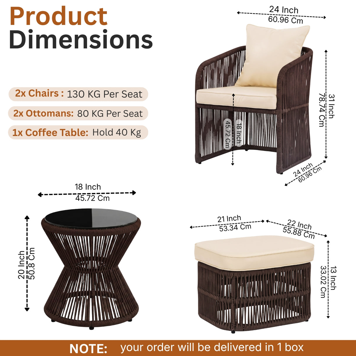 Outdoor 5 Piece Rope Patio Chair Ottoman Set (Brown & Cream)
