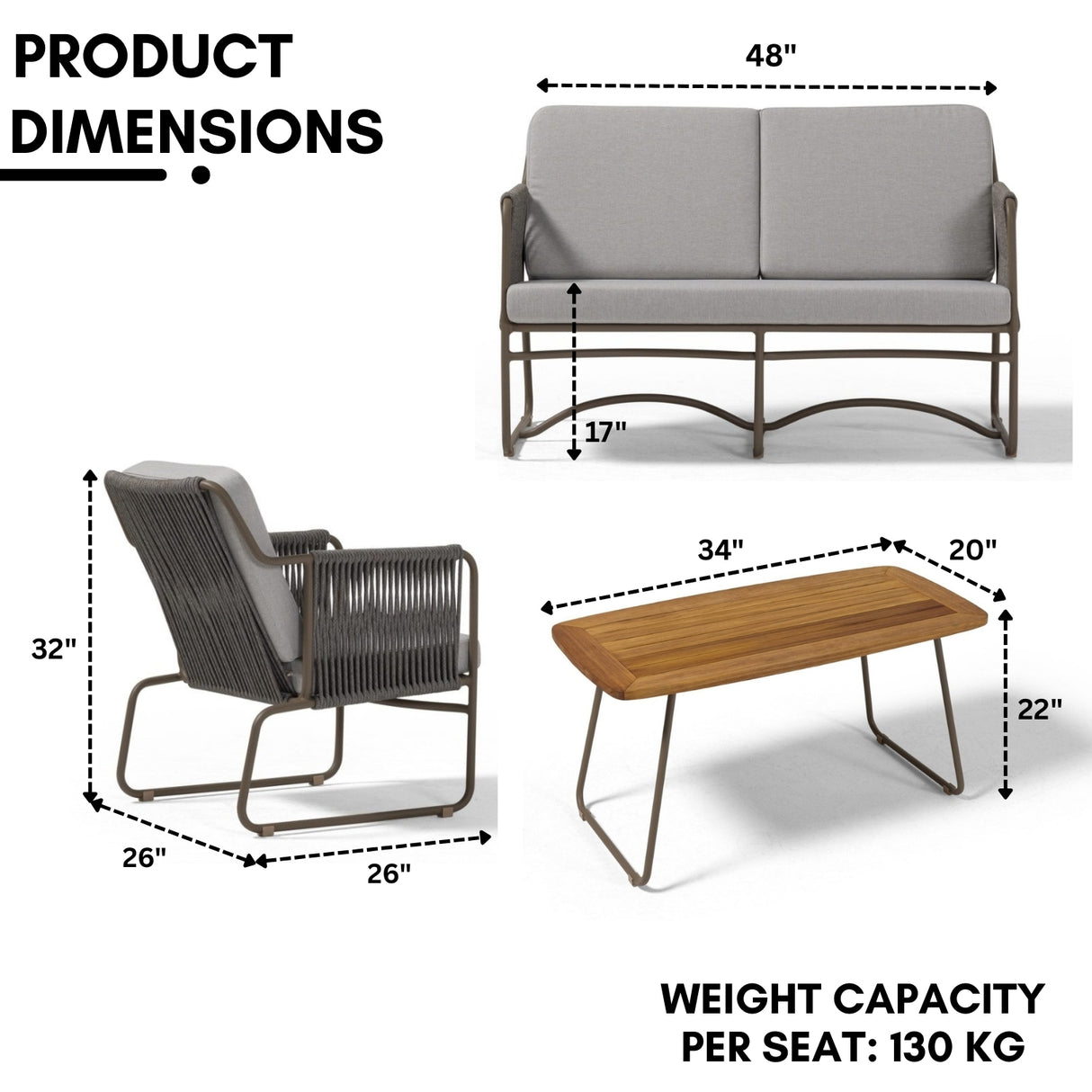 Outdoor Rope Loveseat Sofa Set With Wooden Top Table