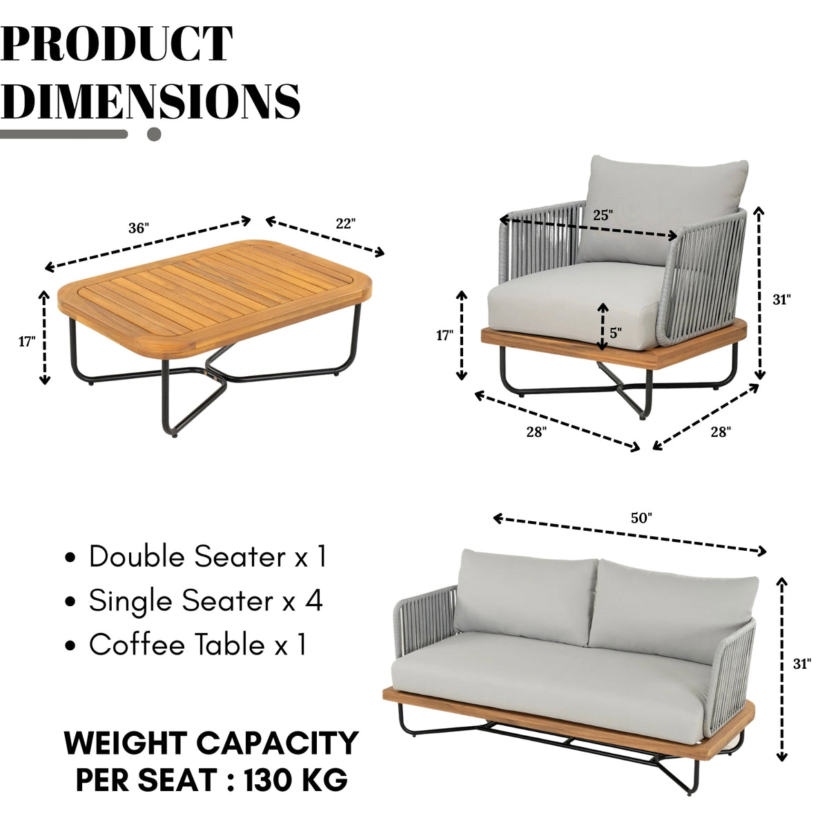 Outdoor 6-Piece Rope Woven Conversation Sofa Set with Wooden Top Table