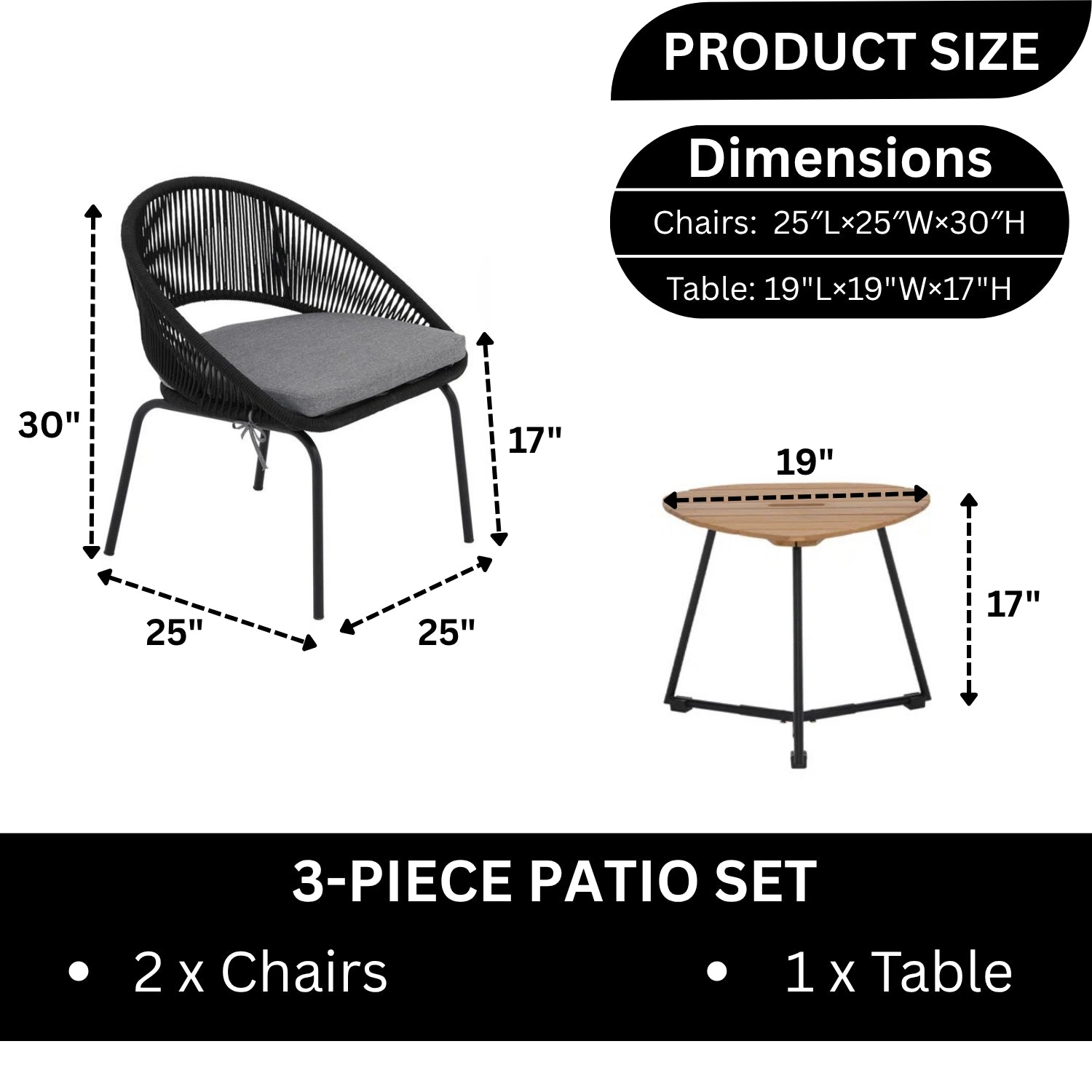 3 Piece Garden Outdoor Rope Patio Set