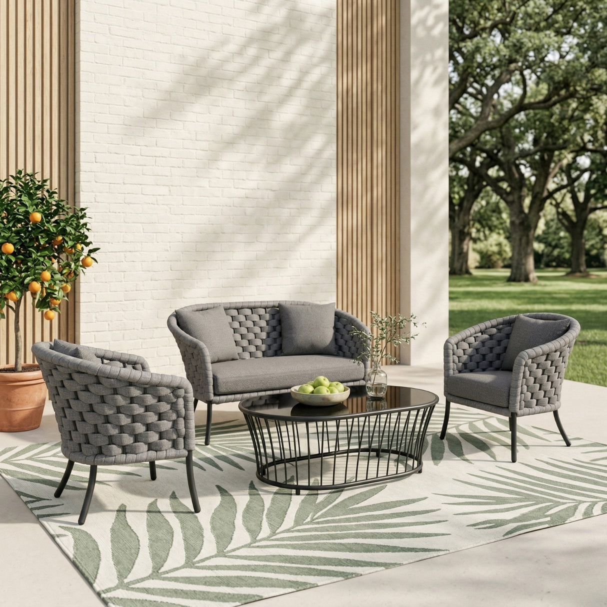 Outdoor Grey Rope 4 Piece Patio Sofa Set with Dark Grey Cushions