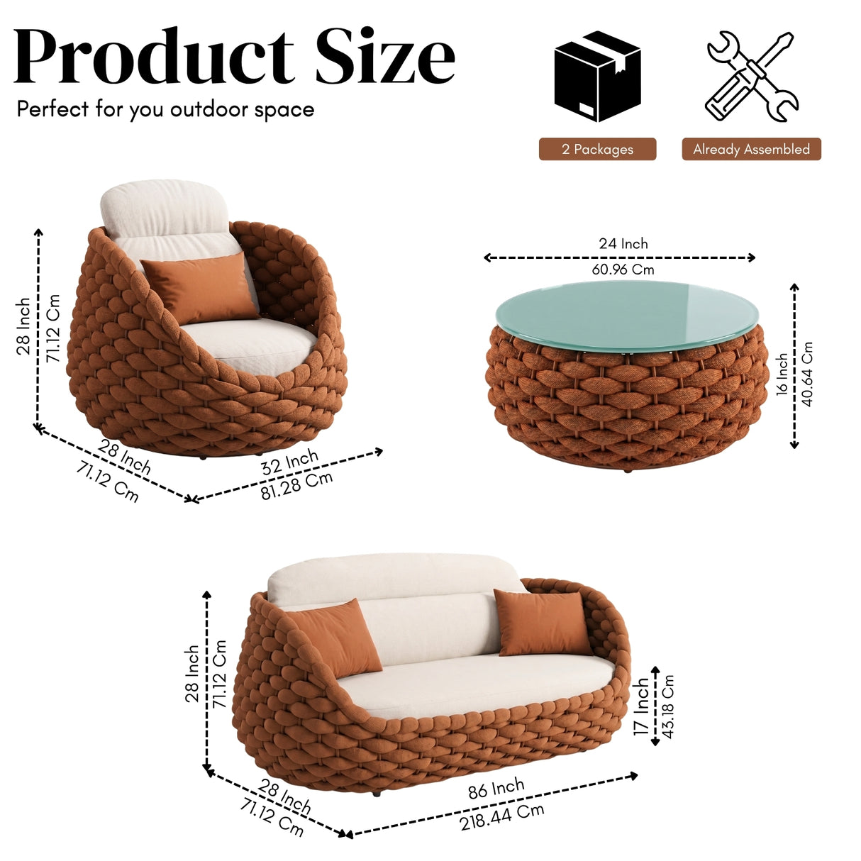 Outdoor Rope 5-Seater Sofa Set with Glass Top Center Table (Brown & Off-White)