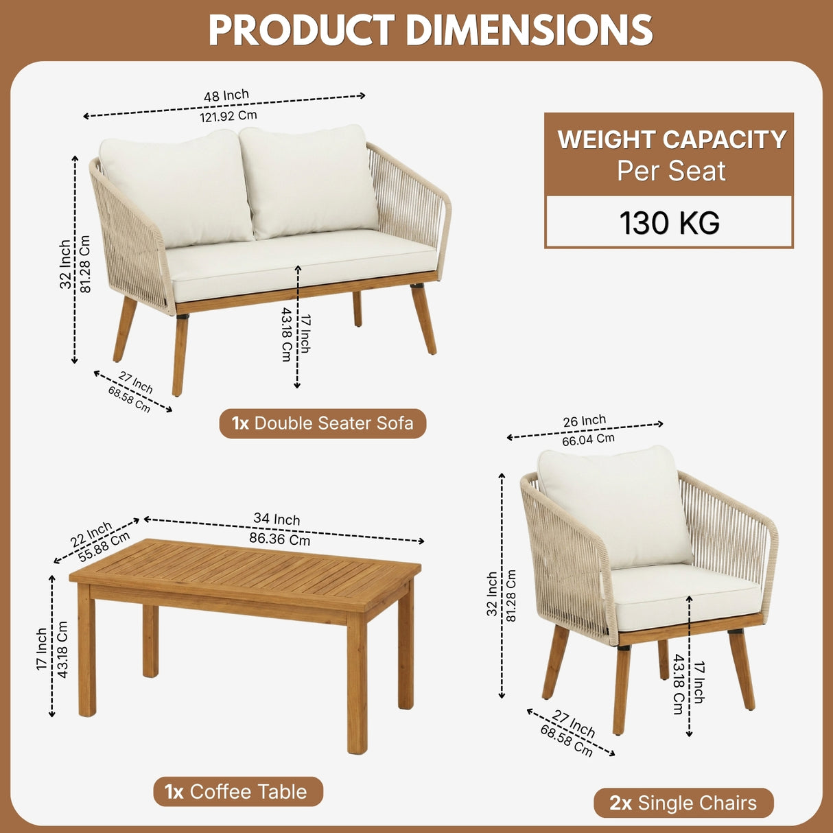 Outdoor Rope 4-Piece Patio Sofa Set with Wooden Legs & Coffee Table (Platinum & Off-White)