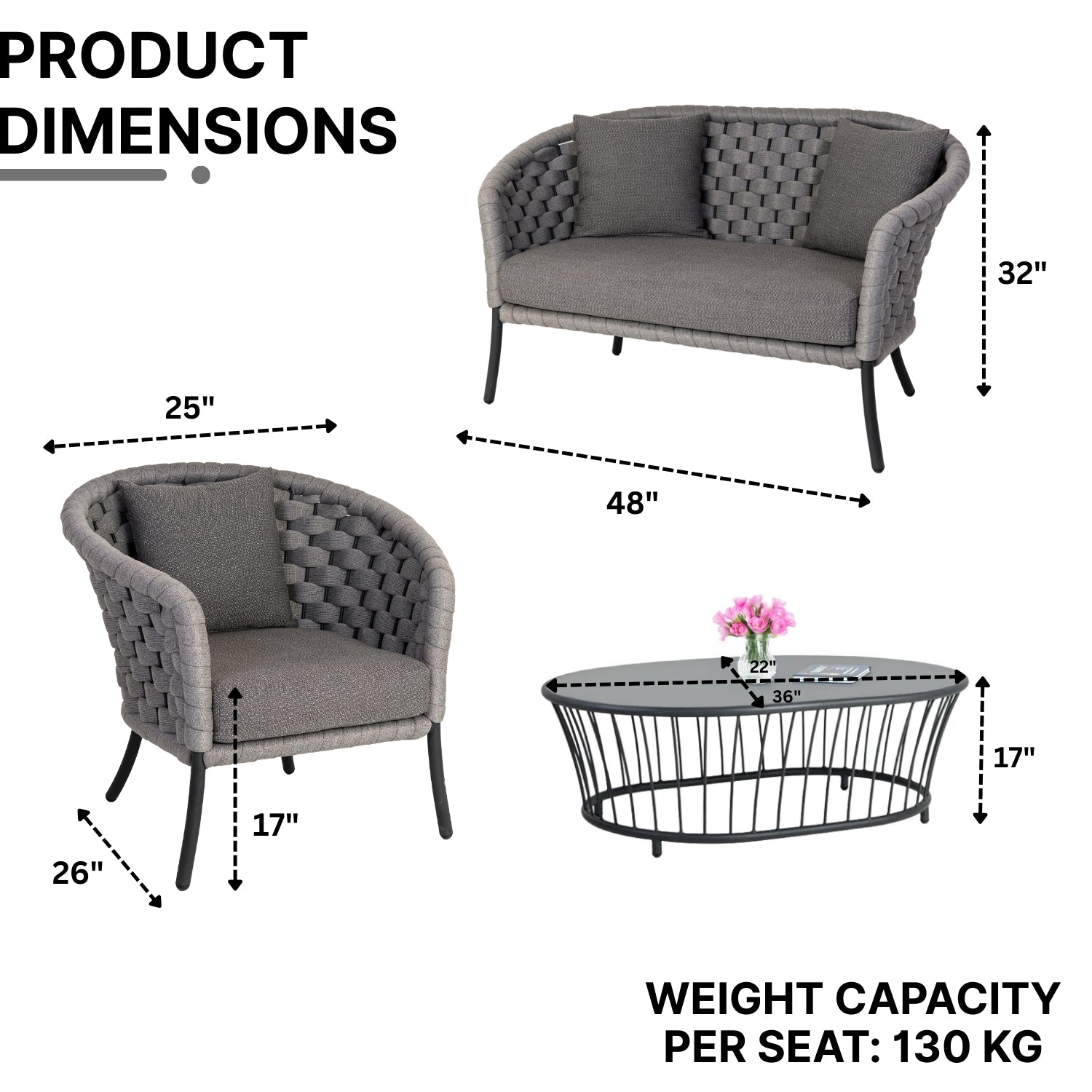 Outdoor Grey Rope 4 Piece Patio Sofa Set with Dark Grey Cushions