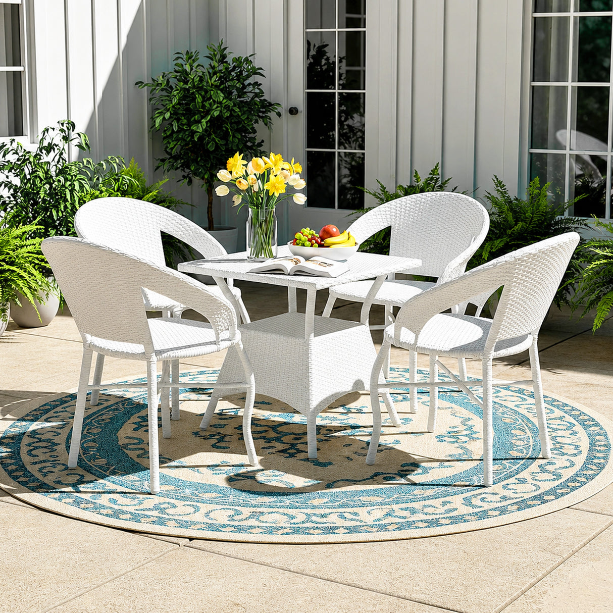 Outdoor Rattan Wicker 5-Piece Patio Furniture Set (White)