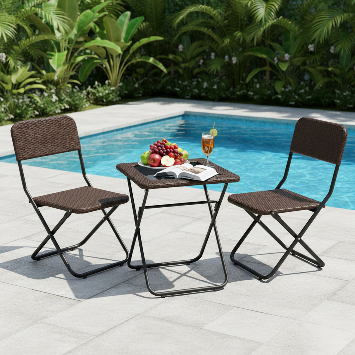 3-Piece Outdoor Wicker Folding Patio Set (Dark Brown)