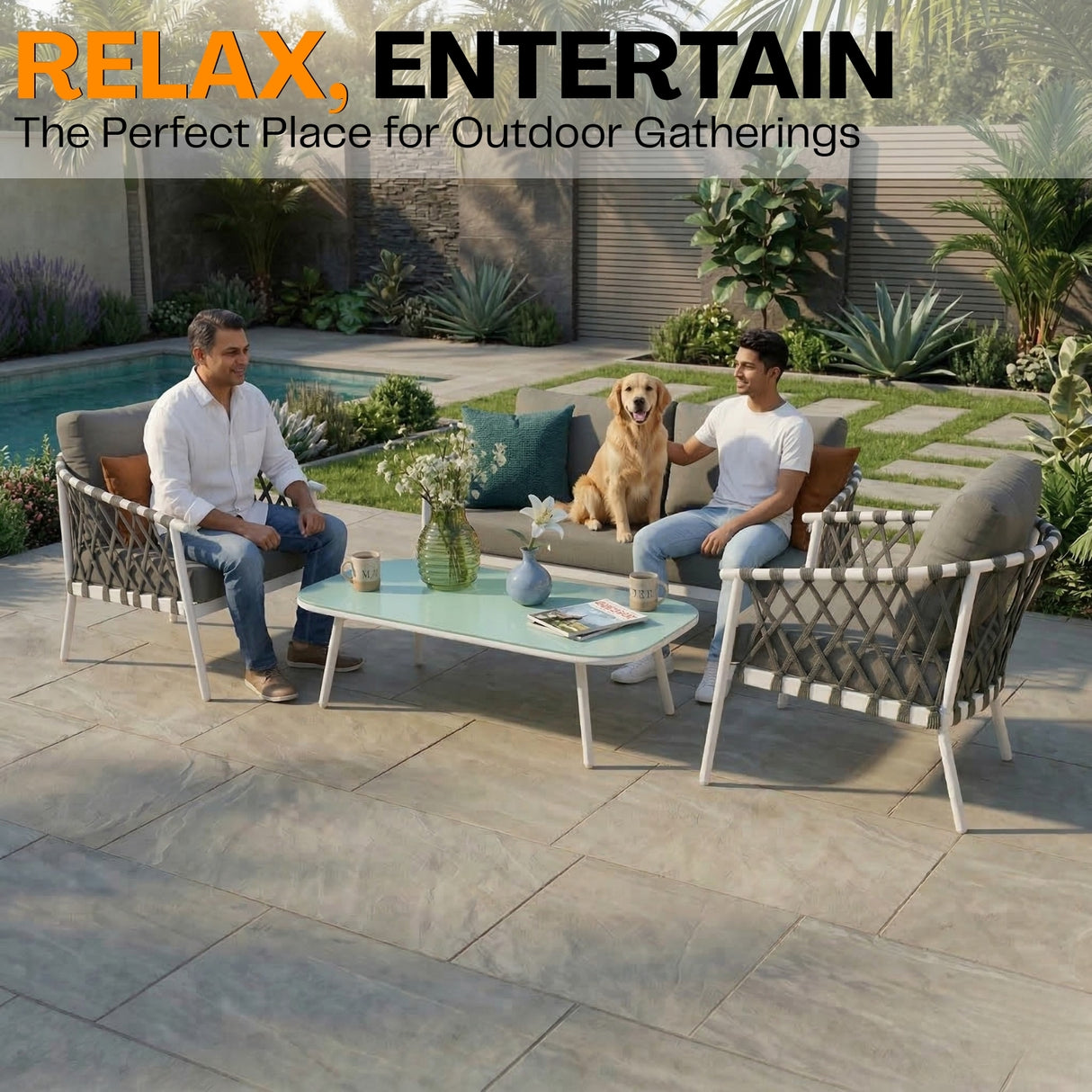 4-Piece Outdoor Rope Sofa Set With Glass Top Table (Grey)