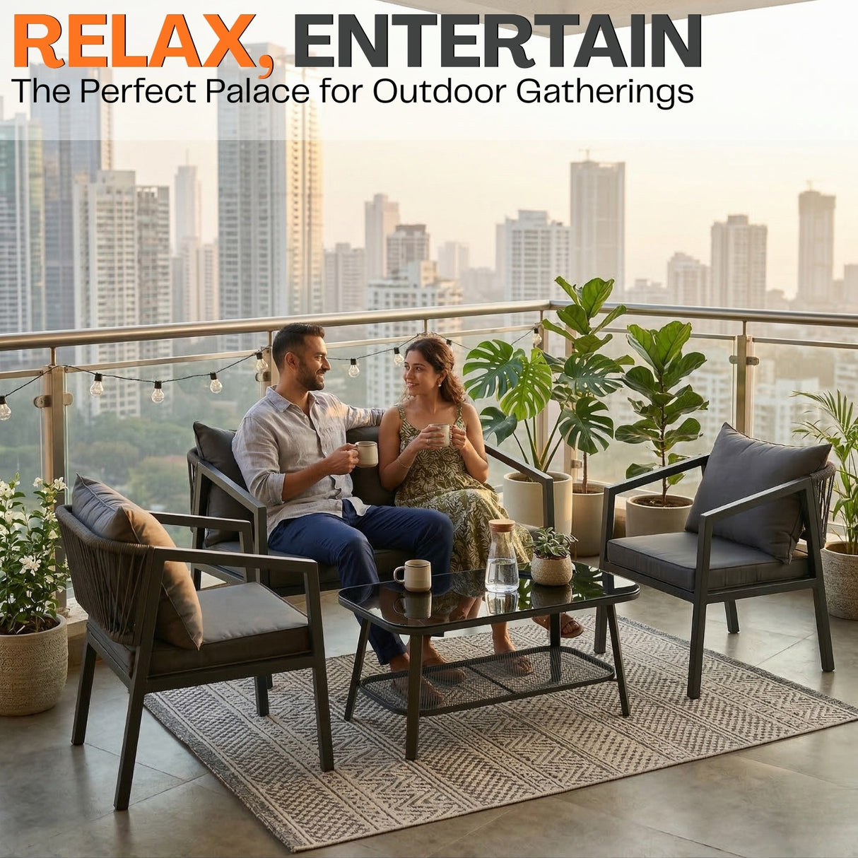 4-Piece Outdoor Rope Sofa Set With Glass Top Table