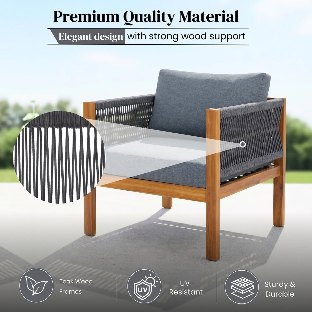 Outdoor Rope Sofa Set with Teak Wood Frame (Grey)