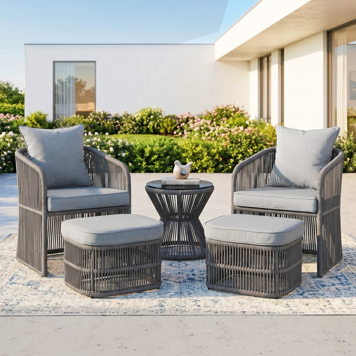 Outdoor 5 Piece Rope Patio Chair Ottoman Set (Grey)