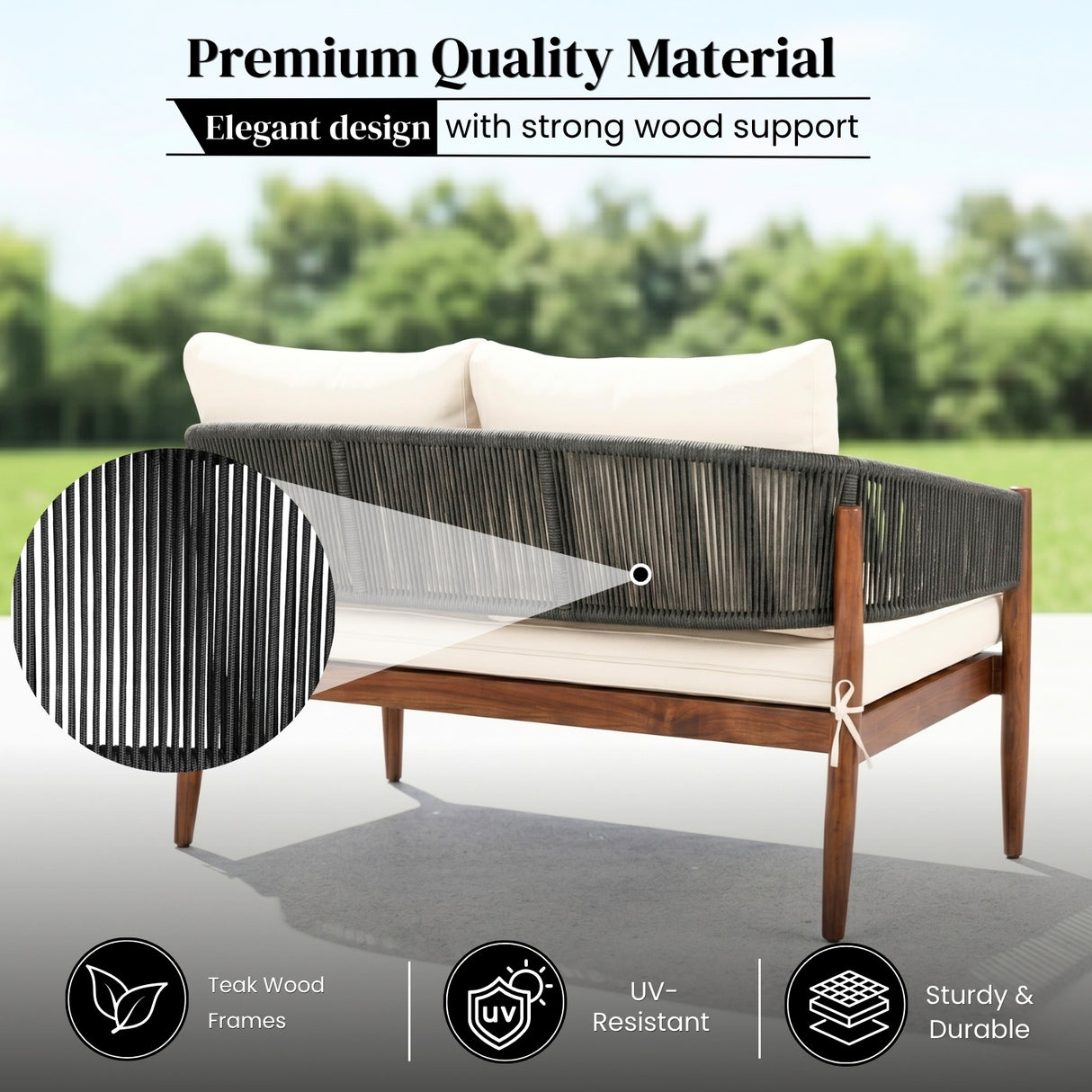 Outdoor Rope Sofa Set with Round Slatted Coffee Table (Black & Off-White)