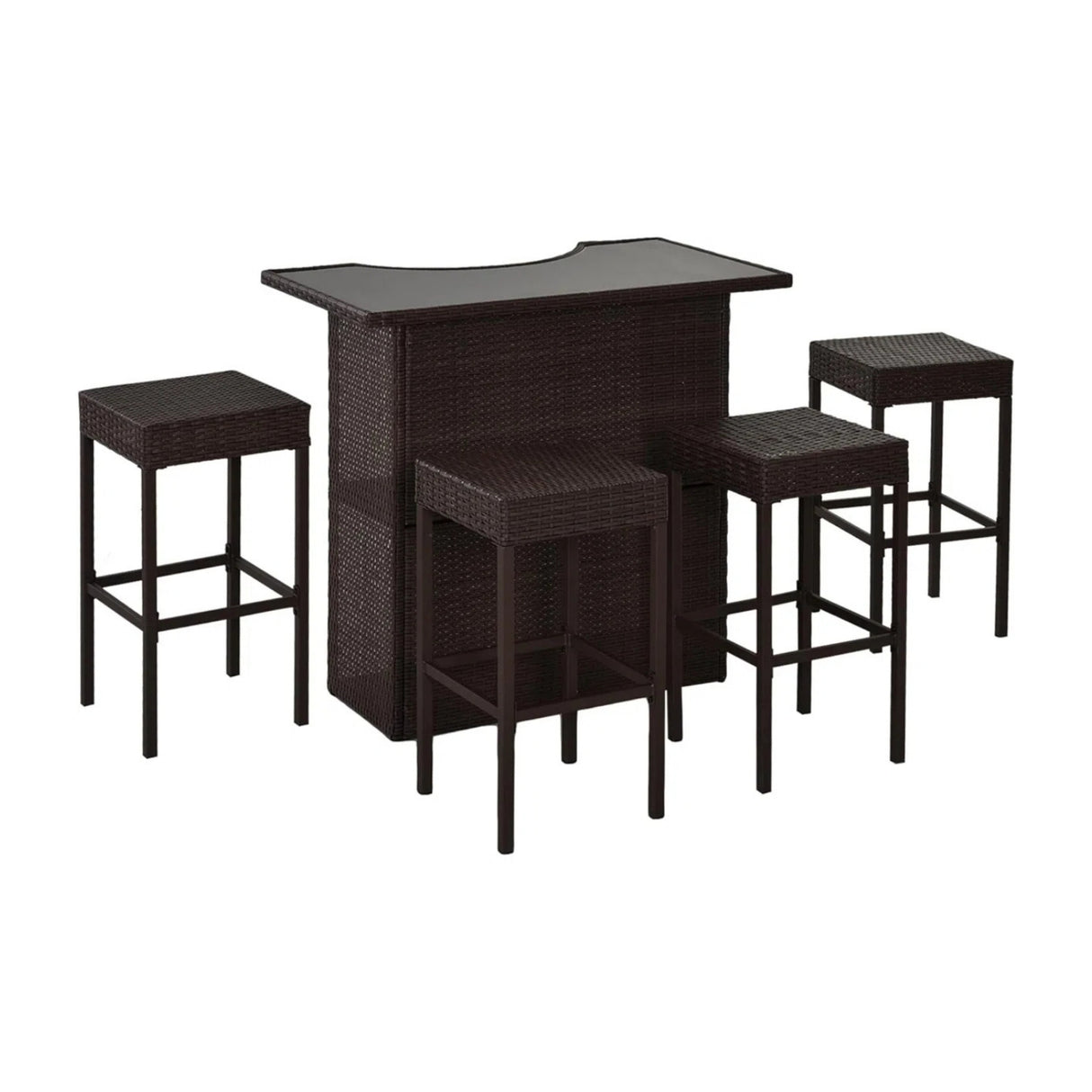 Outdoor Wicker 5-Piece Bar Set with Glass Top Table