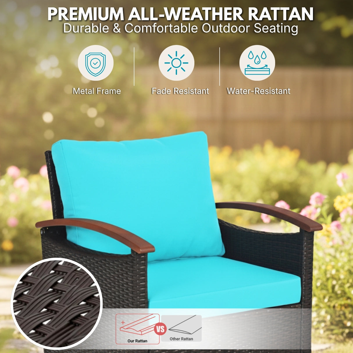 3-Piece Outdoor Wicker Patio Conversation Set (Dark Brown & Sky-Blue)