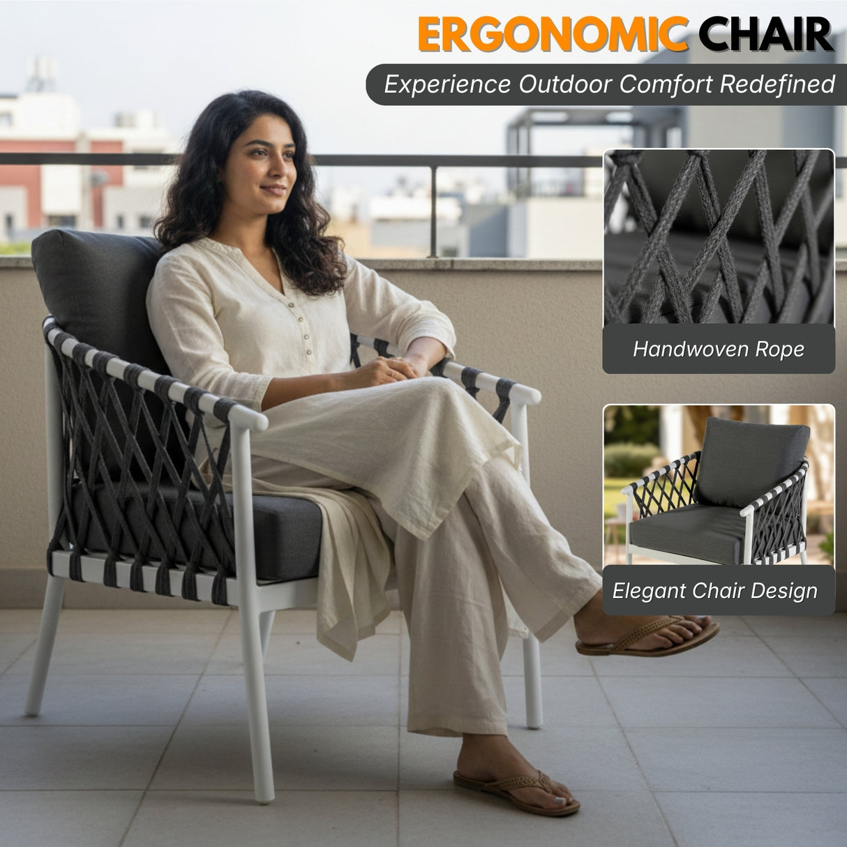 4-Piece Outdoor Rope Sofa Set With Glass Top Table (Grey)