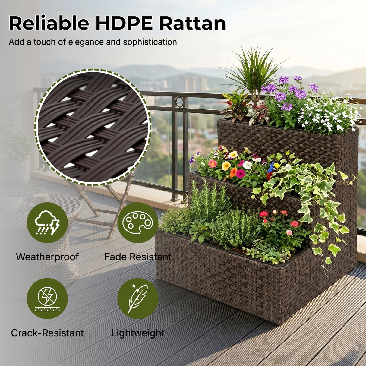 Outdoor 3-Tier Wicker Raised Planter Stand (Dark Brown)