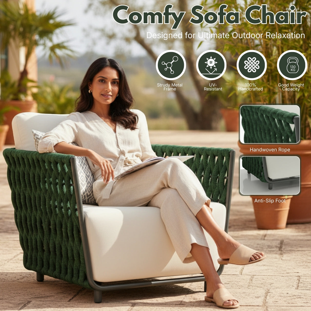 Outdoor Rope 3-Piece Patio Sofa Set (Green & Off-White)