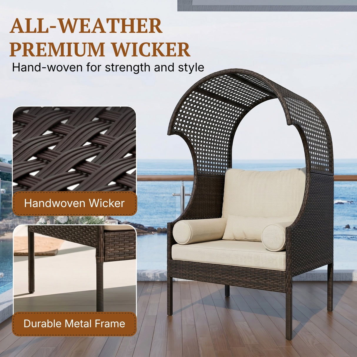 Outdoor Wicker Canopy Egg Chair with Cushions (Dark Brown & Cream)