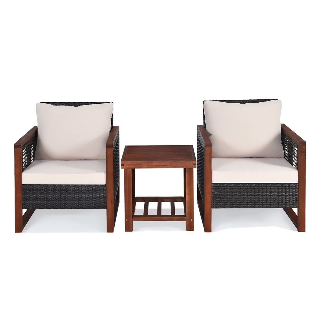 Outdoor Wicker 3-Piece Patio Furniture Set with Solid Wooden Frames (Dark Brown & White)