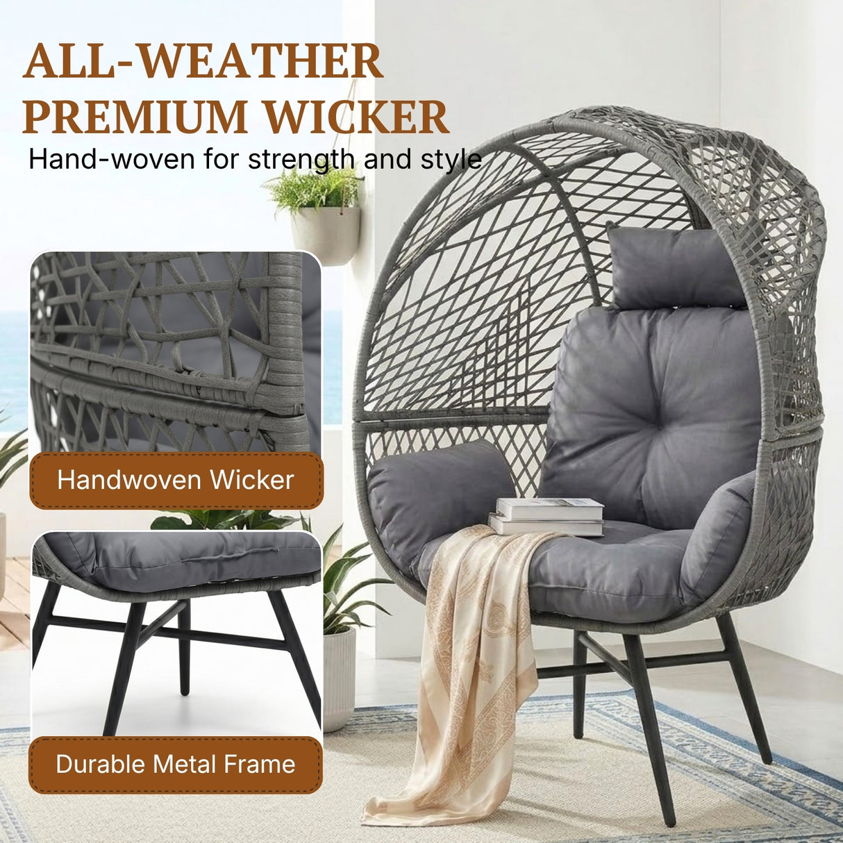 Outdoor Wicker Egg Chair with Glass Top Side Table (Silver Grey & Dark Grey)