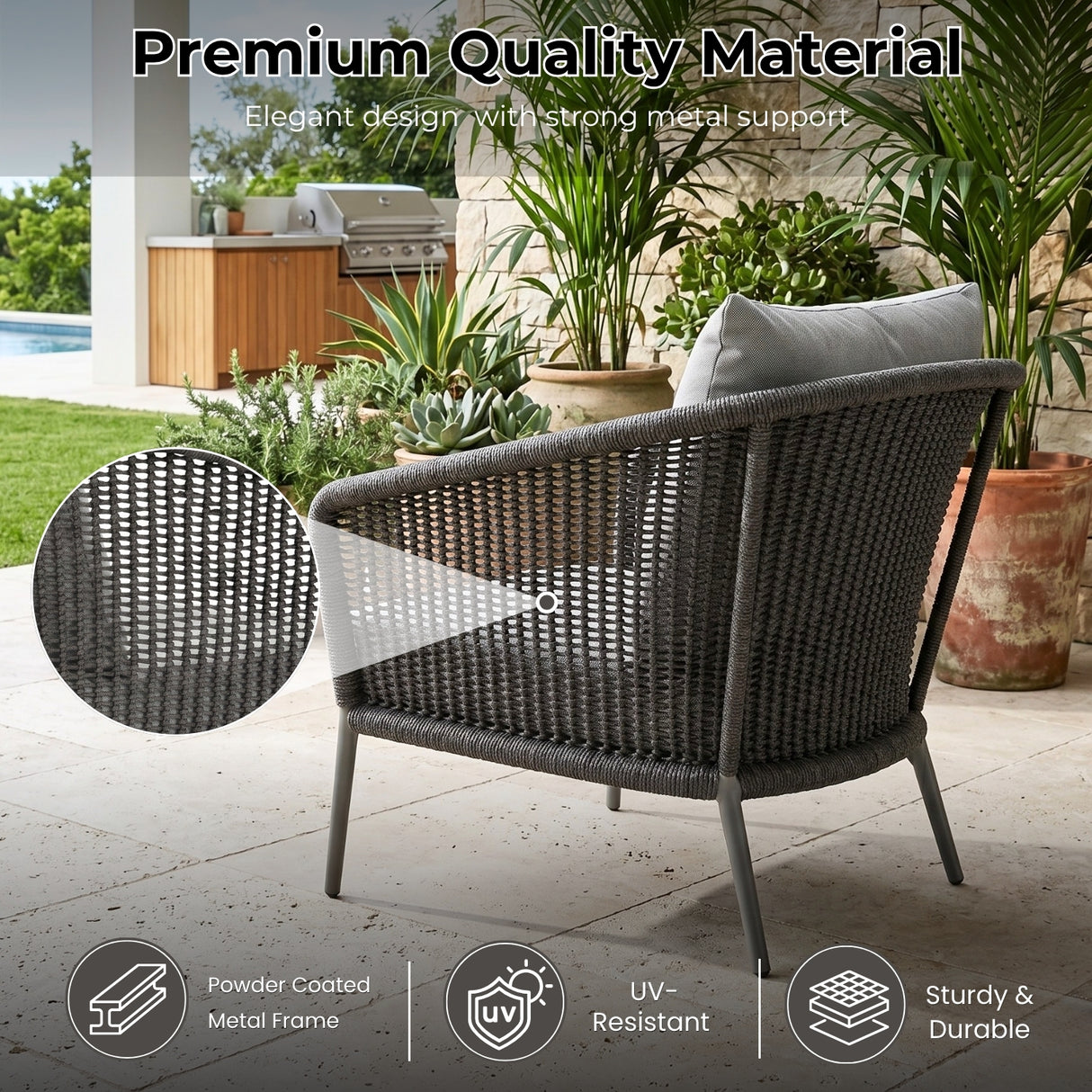 Outdoor Rope L-Shape Sofa Set with Center & Side Table (Grey)