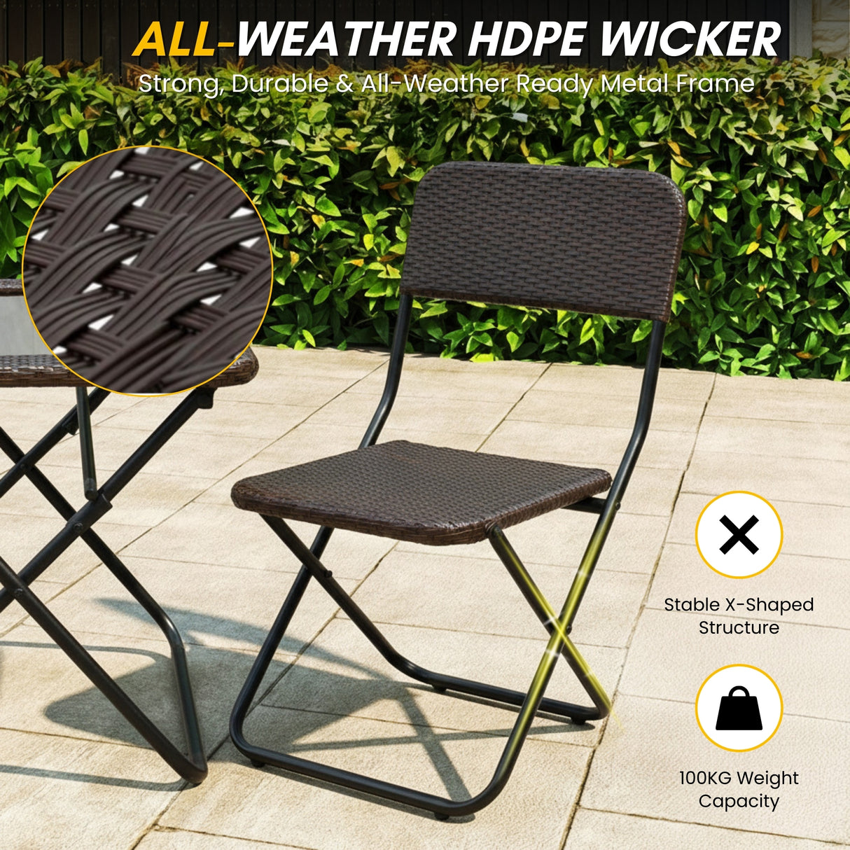 3-Piece Outdoor Wicker Folding Patio Set (Dark Brown)