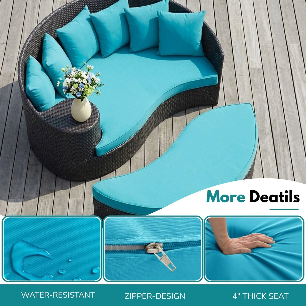 Outdoor Rattan Wicker Daybed (Dark Brown & Turquoise Blue)