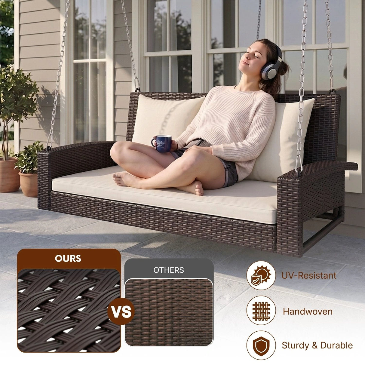 Dark Brown Rattan Wicker Two Seater Sofa Swing