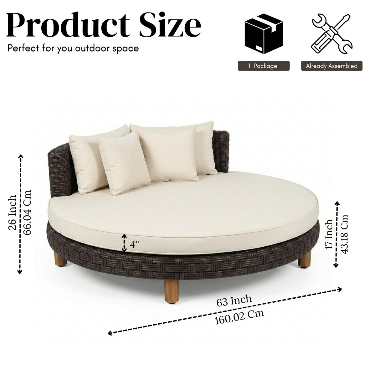 Outdoor All-Weather Rattan Wicker Round Daybed (Dark Brown & Cream)
