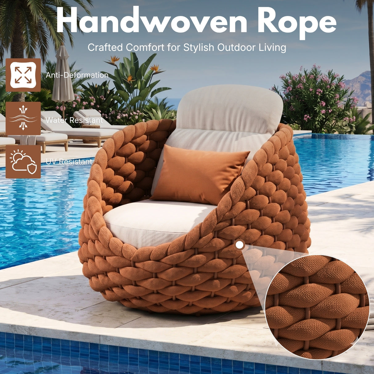 Outdoor Rope 5-Seater Sofa Set with Glass Top Center Table (Brown & Off-White)