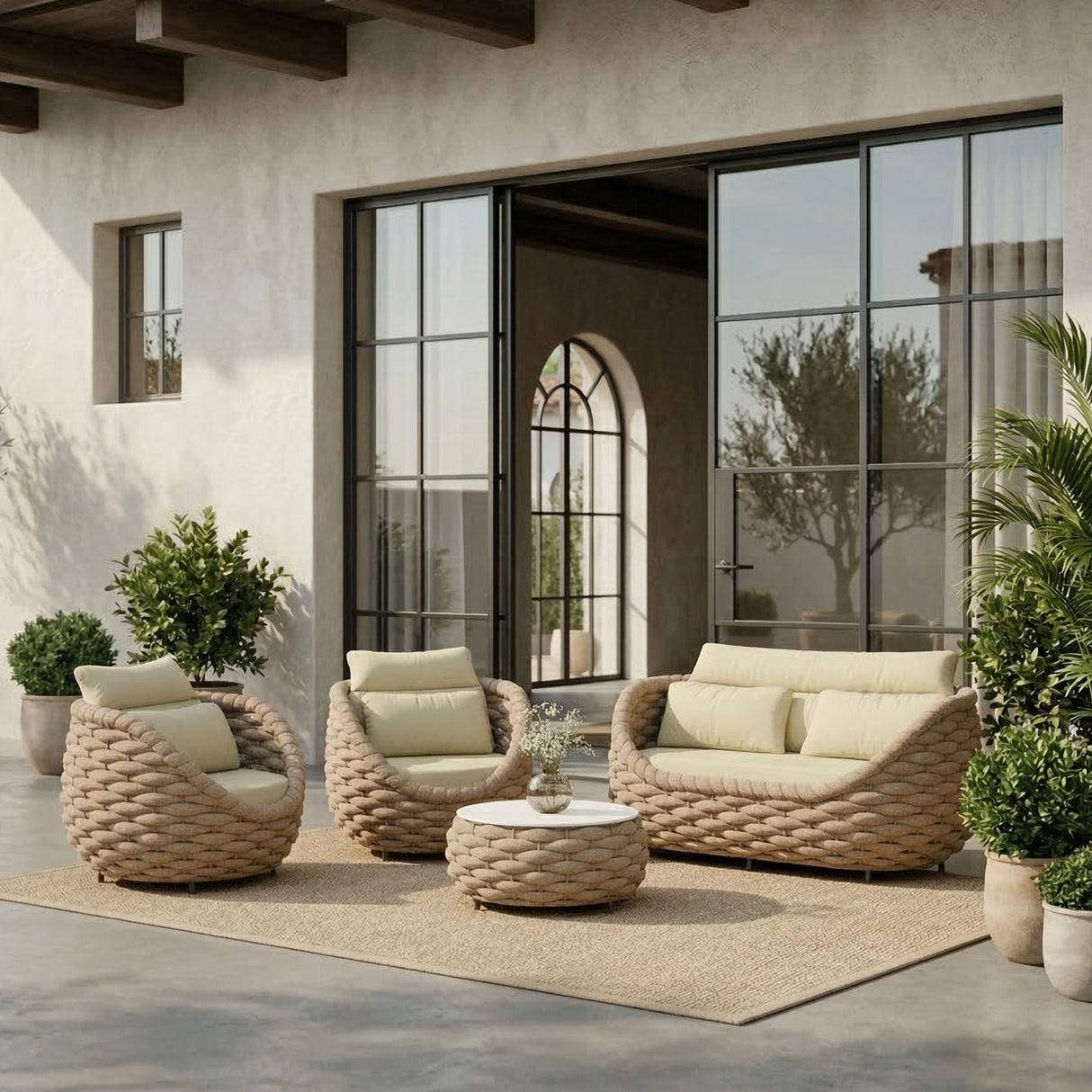 4 Piece Outdoor Rope Sofa Set (Beige & Cream)