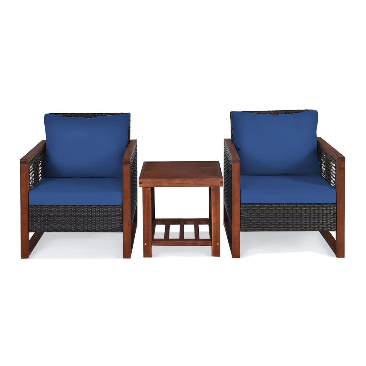 Outdoor Wicker 3-Piece Patio Furniture Set with Solid Wooden Frames (Dark Brown & Blue)