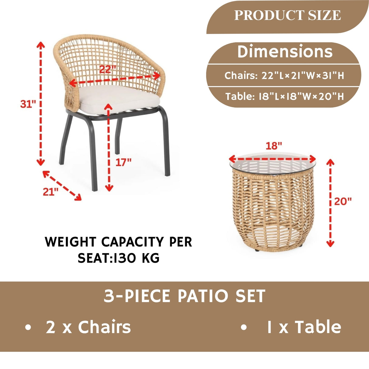 3 Piece Garden Outdoor Rope Patio Set