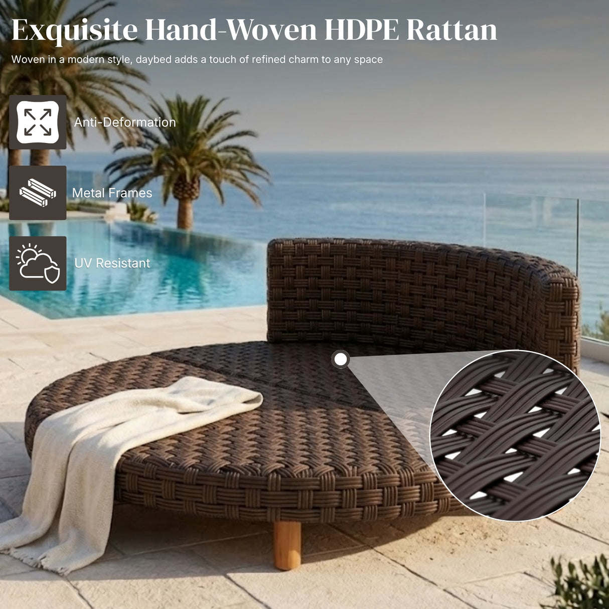 Outdoor All-Weather Rattan Wicker Round Daybed (Dark Brown & Cream)